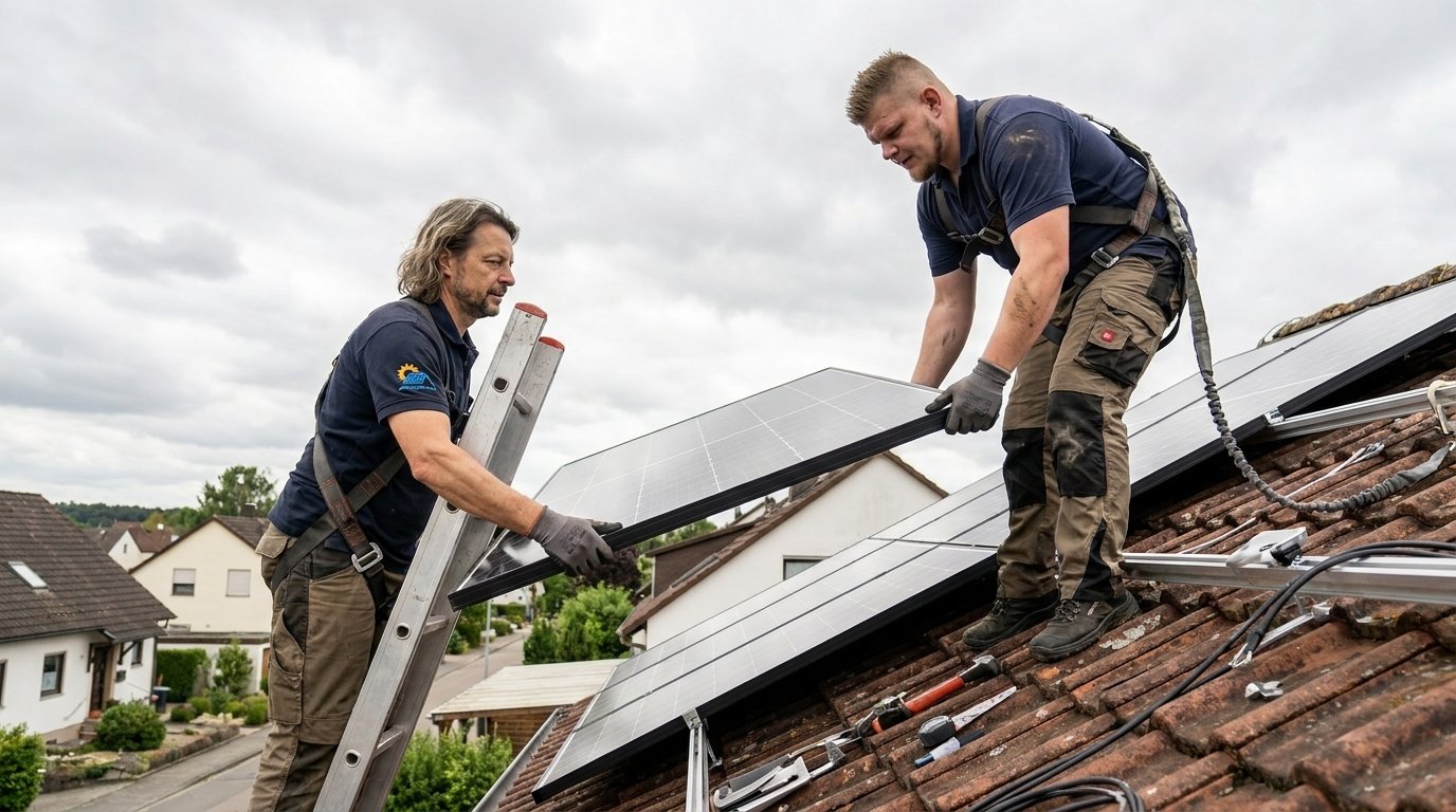 Solarmodule werden zur Montage auf das Dach getragen
