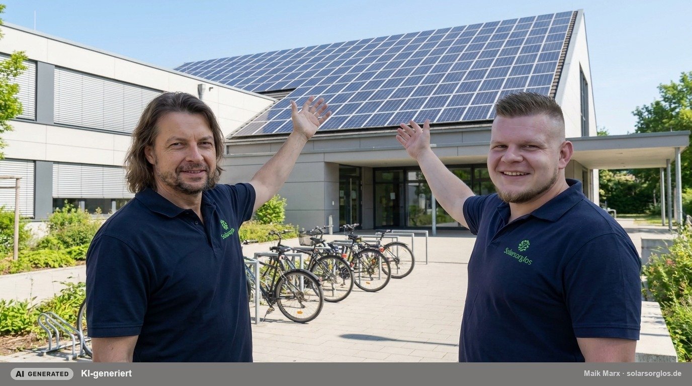 Schulgebäude mit Solaranlage auf dem Dach