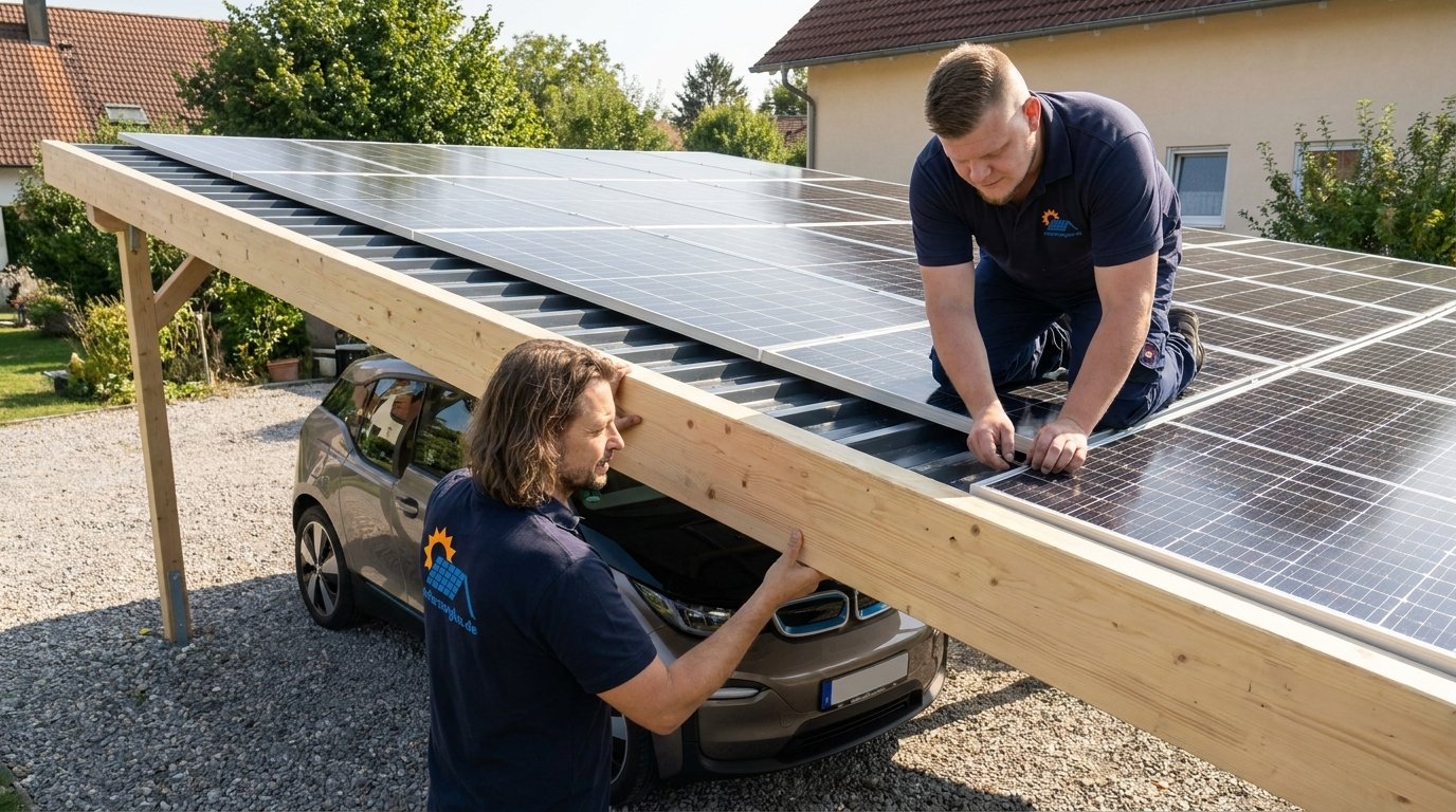 Bau eines Solarcarports mit Modulen auf dem Dach