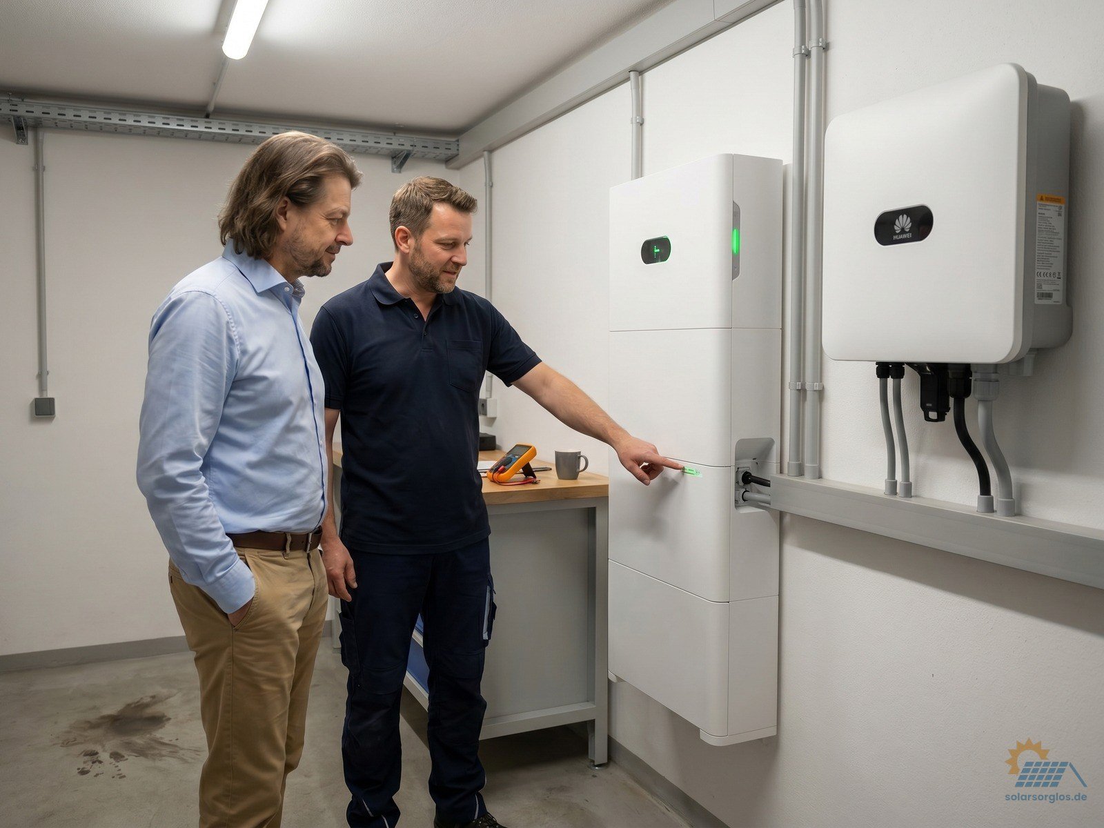 Maik erklärt dem Hausbesitzer den Speicher im Hauswirtschaftsraum